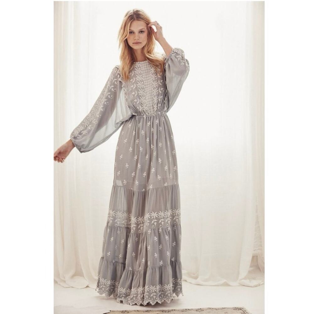 LoveShackFancy dress large Maxi boho cottagecore‎ silk embroidered gray tiered